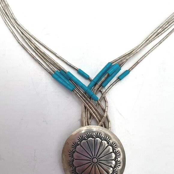Vintage Sterling Silver Native American Style Turquoise Beaded Necklace - Picture 3 of 7
